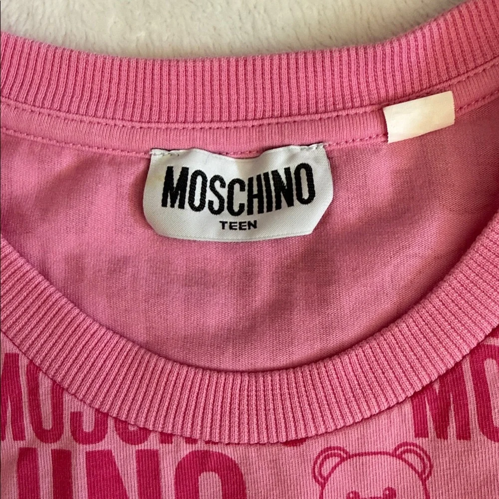 Moschino Teen | 2020 Teddy Bear Allover Logo Drop Waist High Low Dress Pink 14 - Picture 6 of 15
